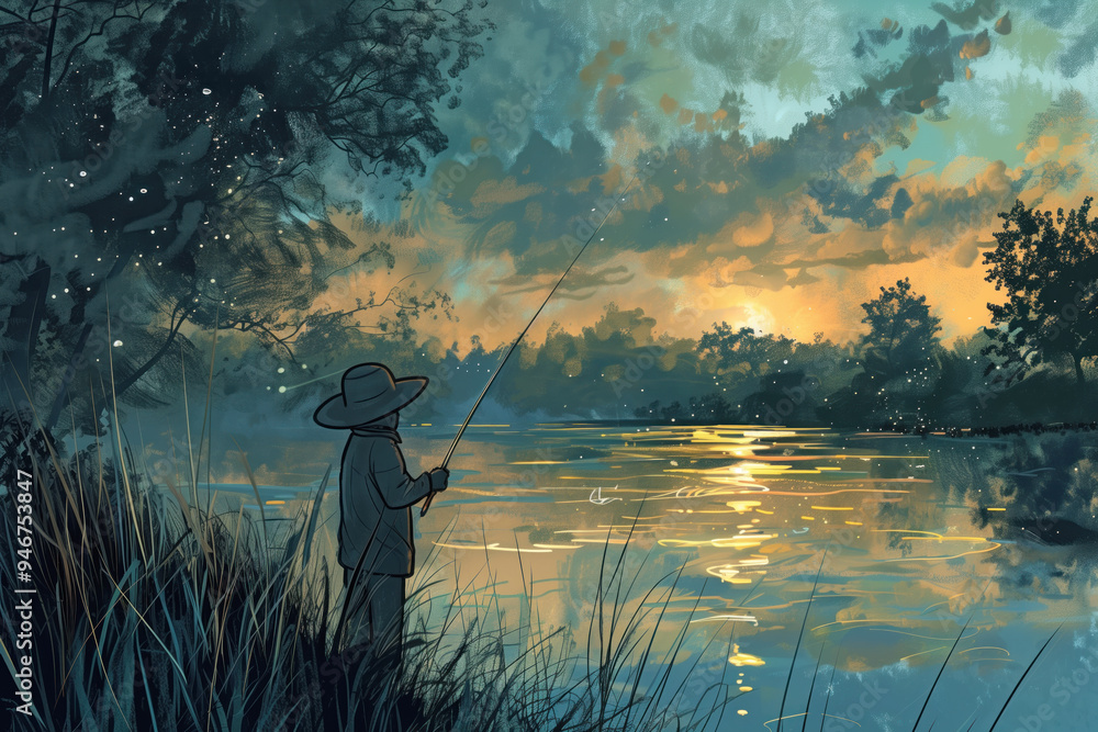 A man is fishing in a lake with a hat on A man is fishing in a lake with a hat on
