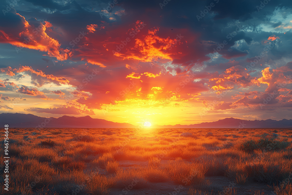 A vibrant sunset over a desert landscape with rich hues of orange and red, capturing the dramatic beauty of arid environments. Concept of desert landscapes and sunset views.