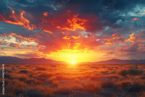 Obraz na płótnie A vibrant sunset over a desert landscape with rich hues of orange and red, capturing the dramatic beauty of arid environments. Concept of desert landscapes and sunset views. w salonie