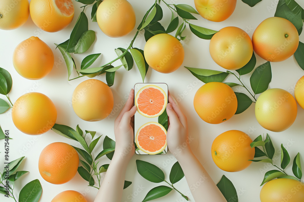 Hands Holding Smartphone with Citrus Fruits and Green Leaves Hands Holding Smartphone with Citrus Fruits and Green Leaves