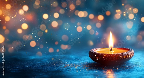 Traditional Diya Lamp on Blue Background Illuminating Festive Celebrations photo