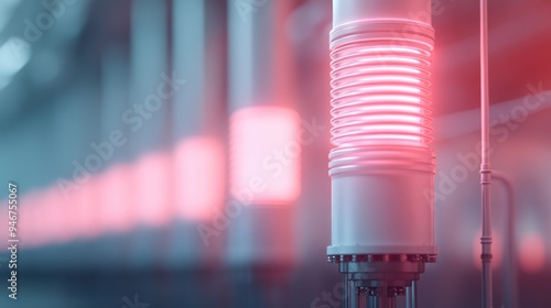 A detailed close-up view of a piece of industrial equipment, focusing on a cylindrical component with glowing red lights in a modern industrial setting.