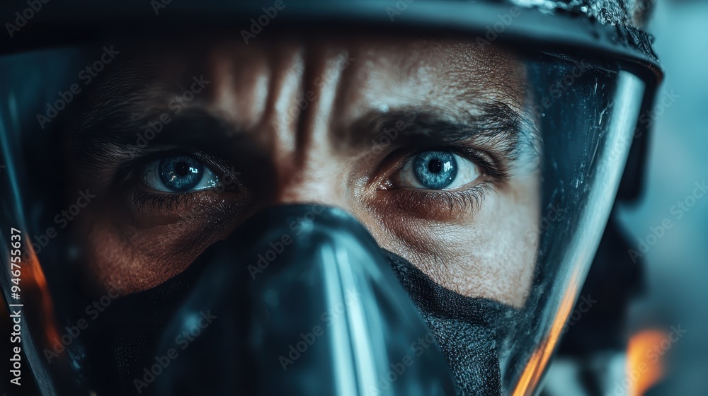A detailed close-up shot of a firefighter's protective mask, surrounded by a smoky background, captures the intense and dangerous atmosphere of their line of work. A detailed close-up shot of a firefighter's protective mask, surrounded by a smoky background, captures the intense and dangerous atmosphere of their line of work.