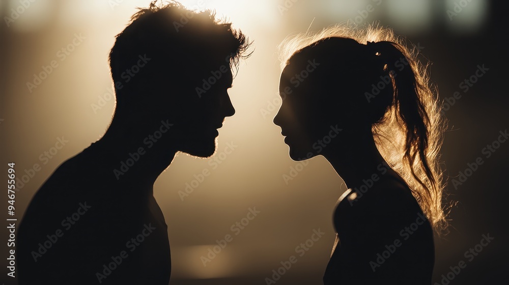 Shadowy silhouettes of two individuals facing each other in dramatic lighting, creating an intimate and mysterious atmosphere, with details obscured. Shadowy silhouettes of two individuals facing each other in dramatic lighting, creating an intimate and mysterious atmosphere, with details obscured.