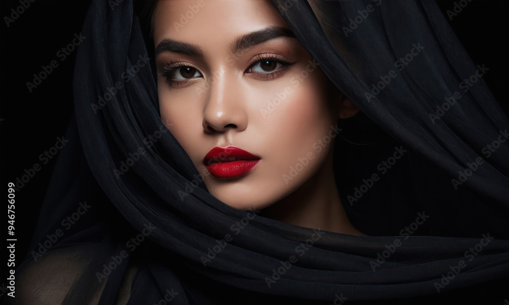 Portrait model pretty woman is partially hidden by transparent flowing fabric. Bright red lipstick on her lips. Generative AI Portrait model pretty woman is partially hidden by transparent flowing fabric. Bright red lipstick on her lips. Generative AI