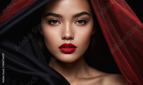 Portrait model pretty woman is partially hidden by transparent flowing fabric. Bright red lipstick on her lips. Generative AI