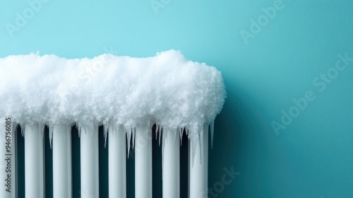 Wallpaper Mural A close-up of white radiator covered in snow and icicles, against a light blue background. The image depicts cold weather's impact on heating systems vividly. Torontodigital.ca