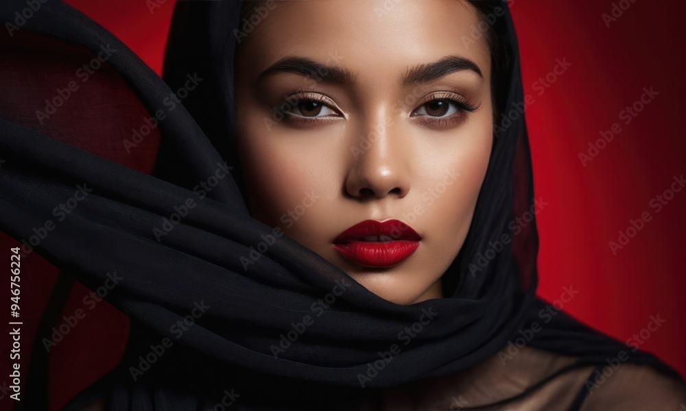 Portrait model pretty woman is partially hidden by transparent flowing fabric. Bright red lipstick on her lips. Generative AI Portrait model pretty woman is partially hidden by transparent flowing fabric. Bright red lipstick on her lips. Generative AI