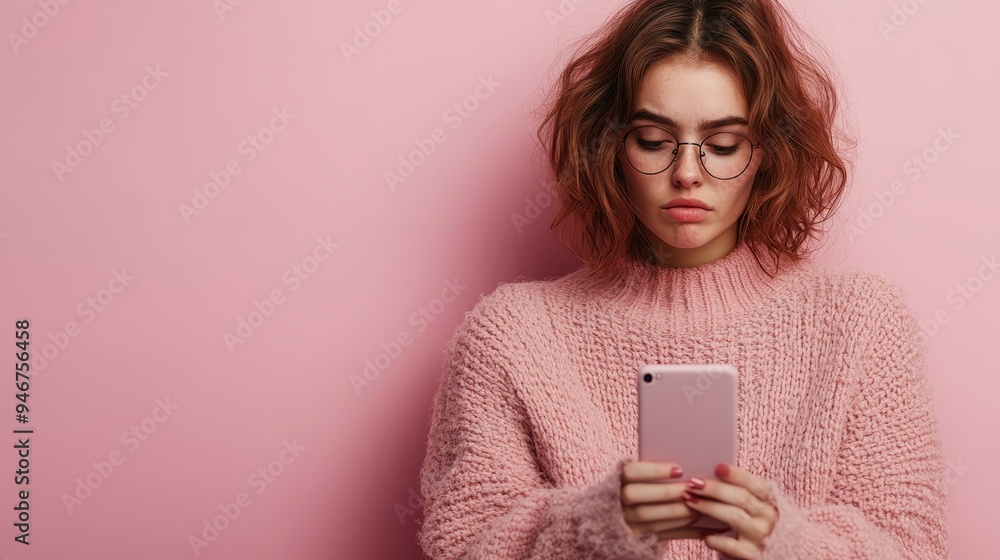 A pensive woman, dressed in a pink knit sweater, is engrossed in her phone against a pink background, reflecting the deep connection and focus of the modern tech-savvy generation. A pensive woman, dressed in a pink knit sweater, is engrossed in her phone against a pink background, reflecting the deep connection and focus of the modern tech-savvy generation.