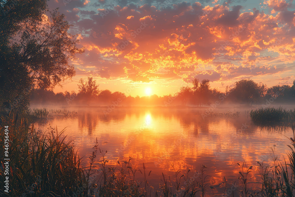 A serene sunrise casting golden hues over a tranquil lake, reflecting the natural beauty of the early morning. Concept of sunrise and natural landscapes. A serene sunrise casting golden hues over a tranquil lake, reflecting the natural beauty of the early morning. Concept of sunrise and natural landscapes.