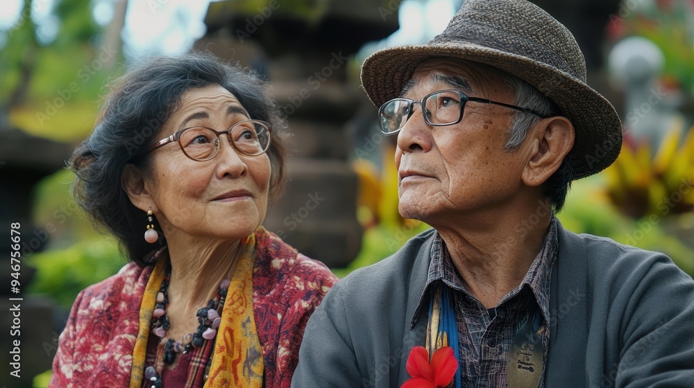A diverse elderly couple admires the beauty of a cultural heritage site surrounded by vibrant gardens and nature's tranquility A diverse elderly couple admires the beauty of a cultural heritage site surrounded by vibrant gardens and nature's tranquility