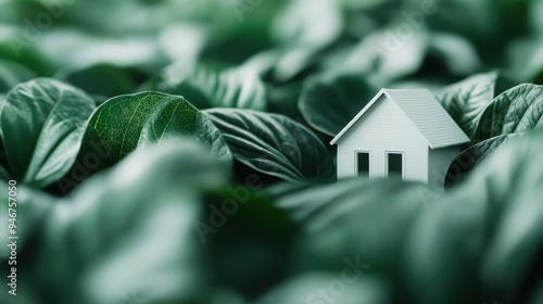 A miniature white house model is placed within a vibrant green environment of thriving leaves, offering a representation of a peaceful and harmonious living space. photo