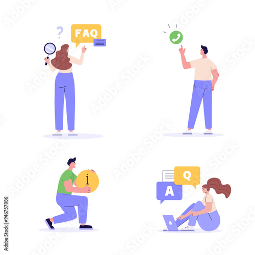 Woman calling support service. User asking question in support chat. Man read user manual. Set of contact us, guide book, faq, questions, answers. Collection of vector flat illustration for banner UI