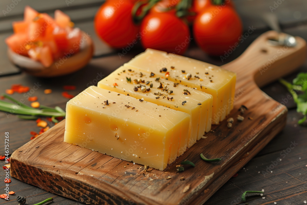 Aged Cheese Slices on Wooden Board with Herbs and Tomatoes Aged Cheese Slices on Wooden Board with Herbs and Tomatoes