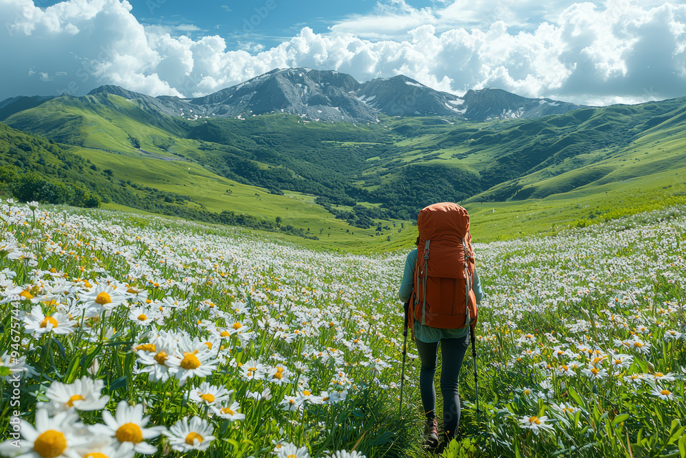 A person hiking through a lush green valley with rolling hills and blooming wildflowers, showcasing the invigorating beauty of natural landscapes. A person hiking through a lush green valley with rolling hills and blooming wildflowers, showcasing the invigorating beauty of natural landscapes.