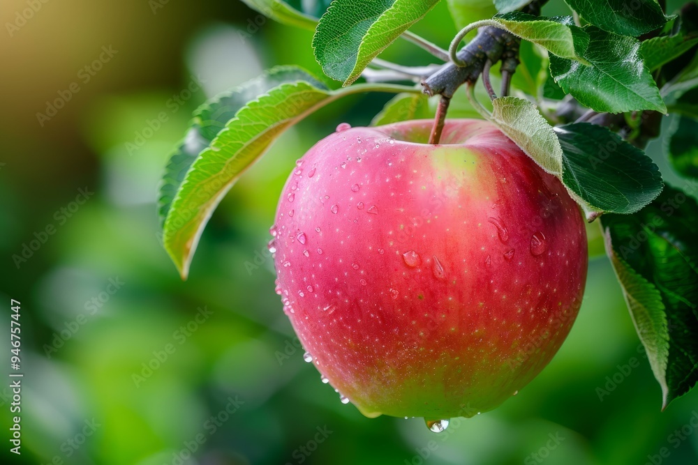 Ripe red apple covered with water drops is growing on a branch in an orchard Ripe red apple covered with water drops is growing on a branch in an orchard