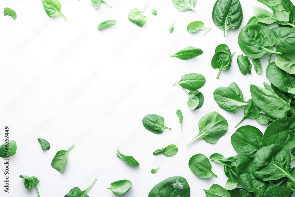 A white background with a bunch of green leaves of spinach scattered around it A white background with a bunch of green leaves of spinach scattered around it