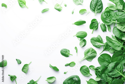 A white background with a bunch of green leaves of spinach scattered around it