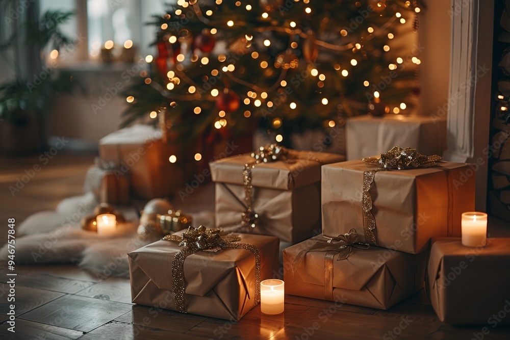 This minimalist depiction showcases a room filled with wrapped gifts, where soft shadows and light reflections create a warm and inviting atmosphere for the holiday season. This minimalist depiction showcases a room filled with wrapped gifts, where soft shadows and light reflections create a warm and inviting atmosphere for the holiday season.