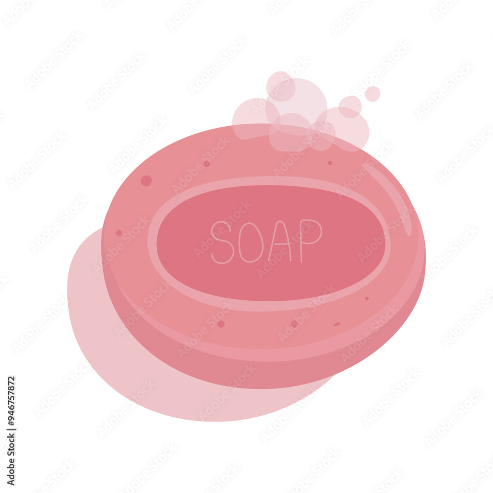 A piece of oval pink soap with soap foam. Handmade hygiene product with rose scent A piece of oval pink soap with soap foam. Handmade hygiene product with rose scent