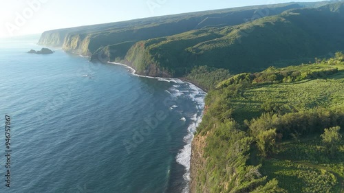 Aerial view of breathtaking Pololu Valley with rugged cliffs and pristine seashore, Kapaau, United States. photo