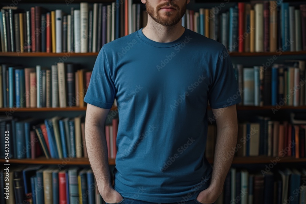 A man stands in front of a bookcase with a blue shirt on, generative ai image A man stands in front of a bookcase with a blue shirt on, generative ai image