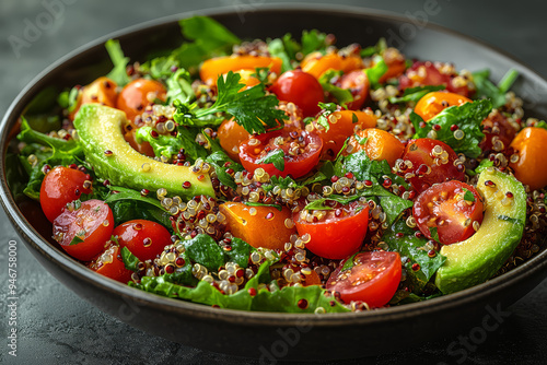 A healthy quinoa salad with mixed greens, cherry tomatoes, and avocado, illustrating the fresh and nutritious aspects of a modern salad. Concept of quinoa salads and healthy eating.