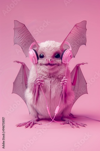 A cute white bat with large eyes wearing pink headphones enjoys music against a solid pink background. Halloween concept. photo