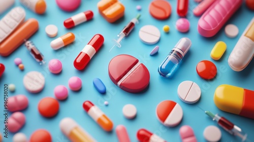 A colorful assortment of pills, capsules, and syringes on a blue background.