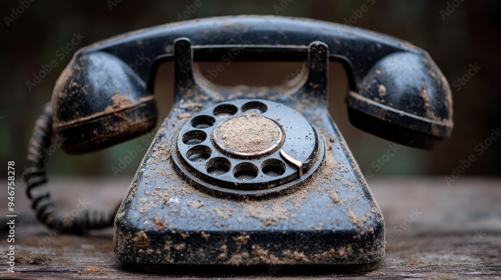 A close-up shot of an old rotary telephone that appears to be antique and is covered in dust and dirt, placed on a wooden surface, evoking a sense of nostalgia.