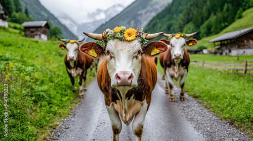 Traditional Almabtrieb Celebration Festive Cows Adorned with Vibrant Flower Crowns Parading Through the Scenic Countryside After a Summer in the Alpine Pastures