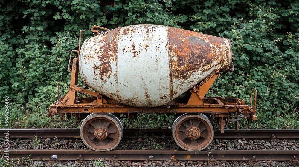 A weathered, rusty cement mixer with a white cylindrical drum and orange frame, mounted on wheels, placed on railway tracks against a background of dense, lush green foliage. A weathered, rusty cement mixer with a white cylindrical drum and orange frame, mounted on wheels, placed on railway tracks against a background of dense, lush green foliage.
