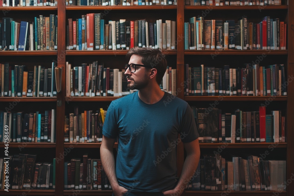 A man stands in front of a bookcase with a blue shirt on, generative ai image A man stands in front of a bookcase with a blue shirt on, generative ai image