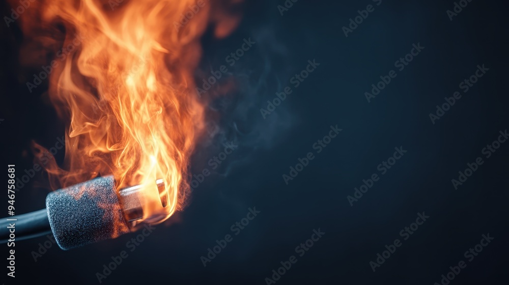The image shows a significantly bright flame at the tip of a torch burning against a dark background, conveying heat, energy, and power in striking detail. The image shows a significantly bright flame at the tip of a torch burning against a dark background, conveying heat, energy, and power in striking detail.