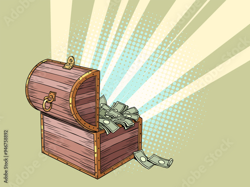 Pop Art Retro Wooden luxury chest with money. Financial savings that accumulate. Wealth under lock and key.