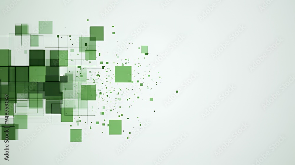Abstract design featuring green squares and pixelated elements on a light background. Abstract design featuring green squares and pixelated elements on a light background.