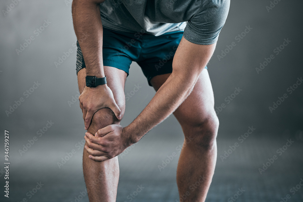 © Haas/peopleimages.com - Man, hands and knee injury with pain in fitness from muscle tension or accident on a gray studio background. Closeup of male person with sore leg, ache or inflammation in strain, pressure or sprain © Haas/peopleimages.com - Man, hands and knee injury with pain in fitness from muscle tension or accident on a gray studio background. Closeup of male person with sore leg, ache or inflammation in strain, pressure or sprain
