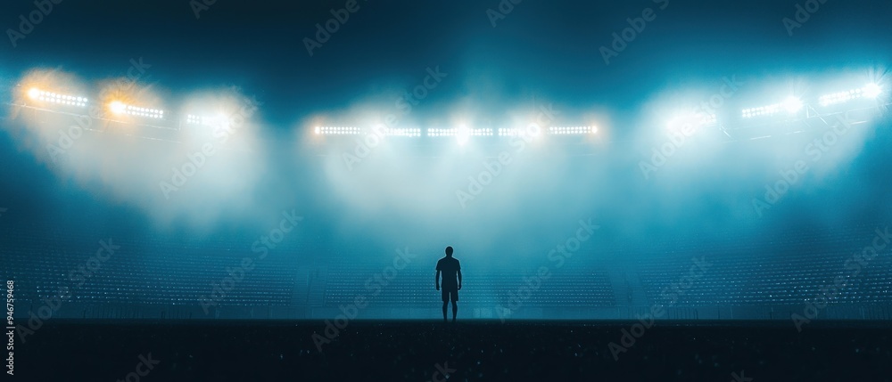 Fototapeta premium Lone Figure Standing in a Foggy Stadium Under Bright Lights