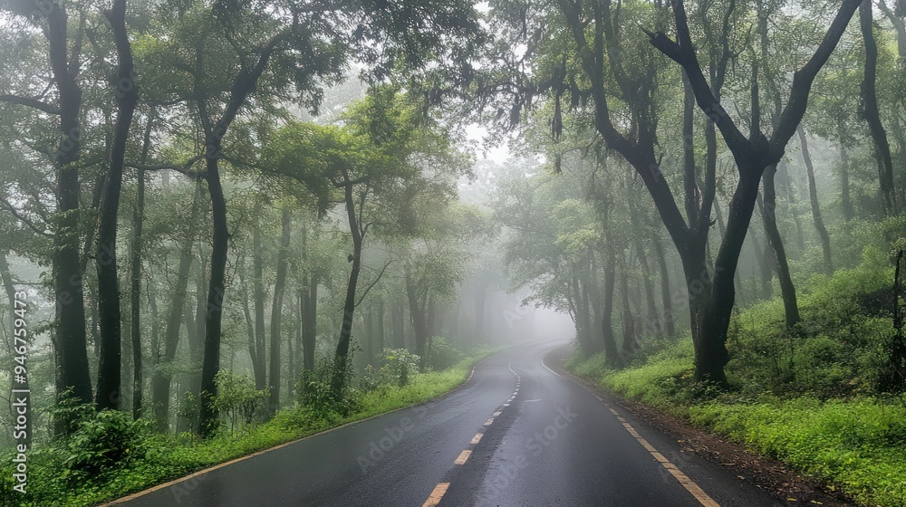 Fototapeta premium Winding Road Through a Foggy Forest