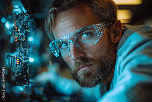 An engineer inspecting a complex circuit board in a high-tech laboratory, demonstrating precision and attention to detail in electronic design. Concept of electronics and engineering. photo