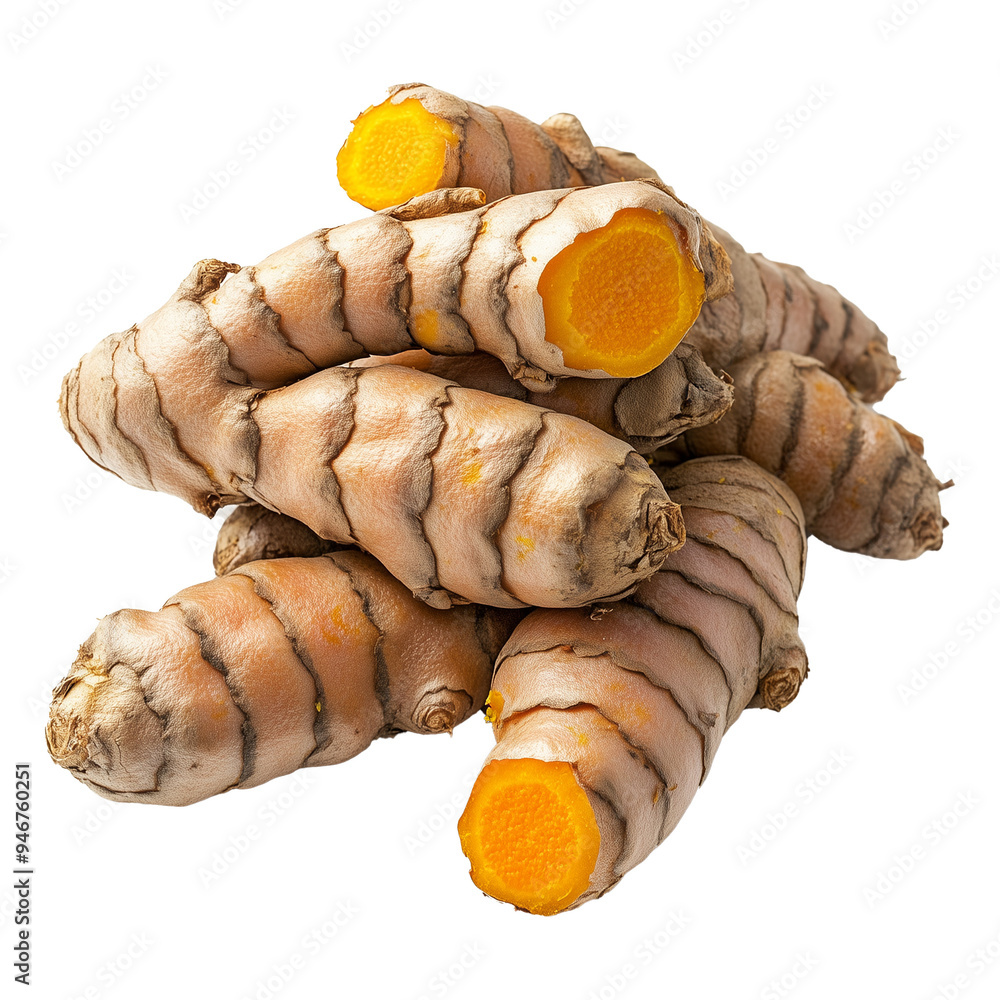 Turmeric Root and Slices Isolated on White Background Turmeric Root and Slices Isolated on White Background