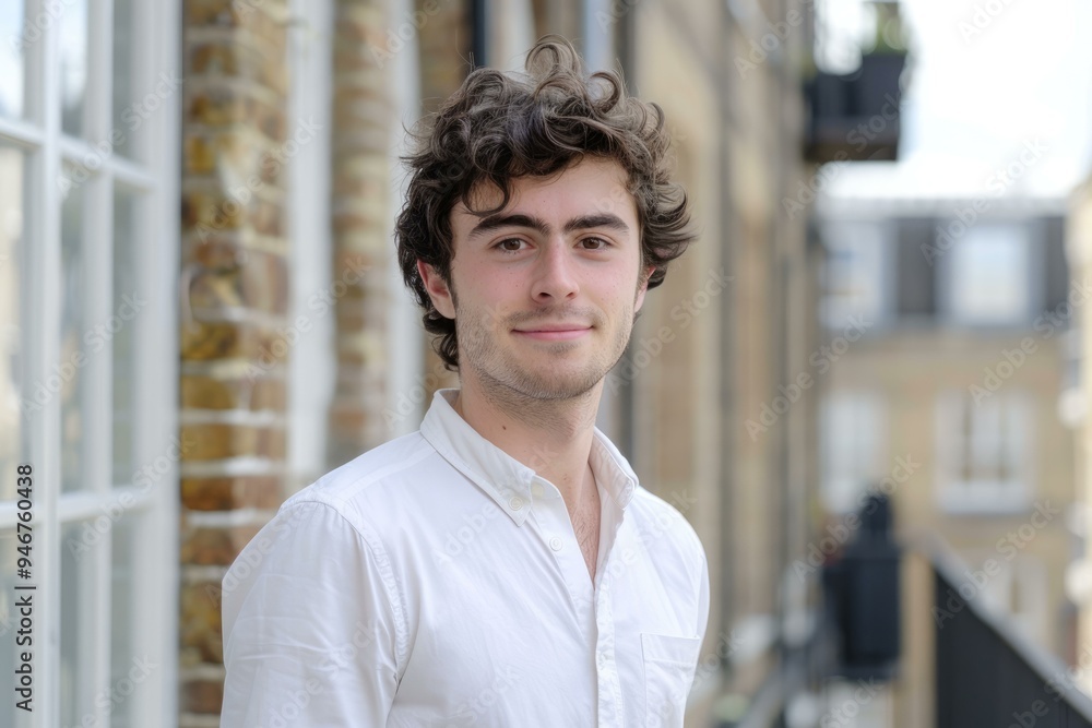 Young professional man with brown hair is standing outside a modern office building with a slight smile on his face Young professional man with brown hair is standing outside a modern office building with a slight smile on his face