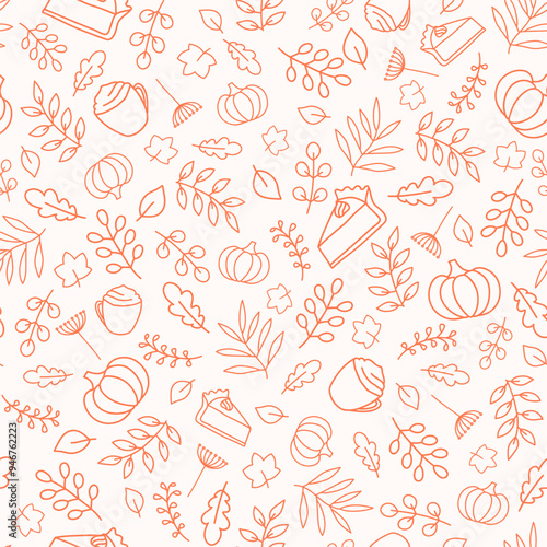 Thanksgiving seamless pattern for warm and cozy season design. Orange outline pumpkin, leaves, pumpkin pie, pumpkin spice latte. Pattern with food, drinks and plants.