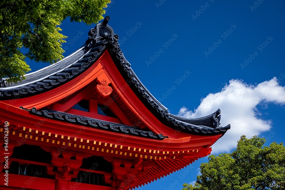 Japanese vermillion temple roof set against a clear blue sky, captured in a photo that emphasizes the bold contrast and the elegance of traditional architecture