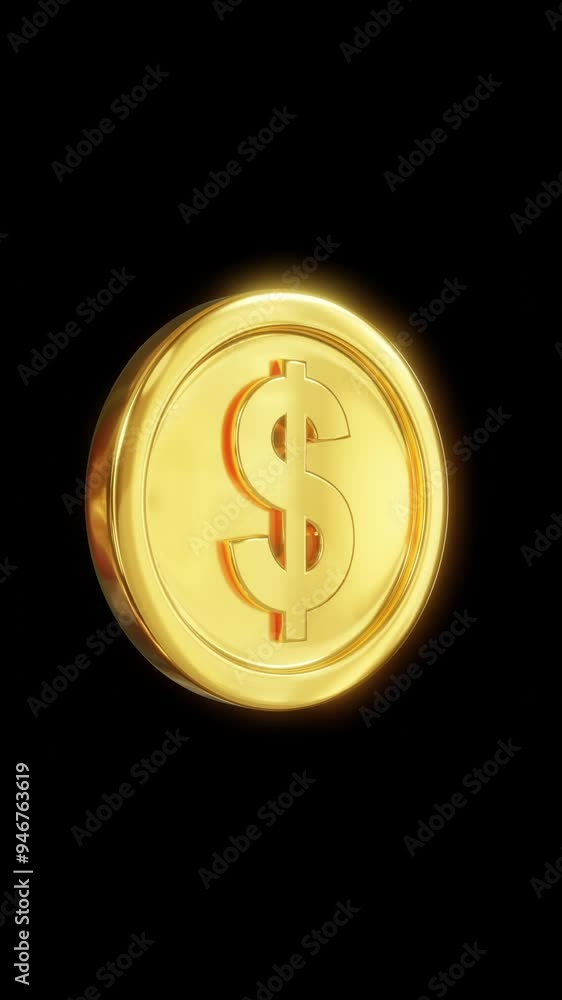 Gold coin spinning on black background. vertical shot Gold coin spinning on black background. vertical shot