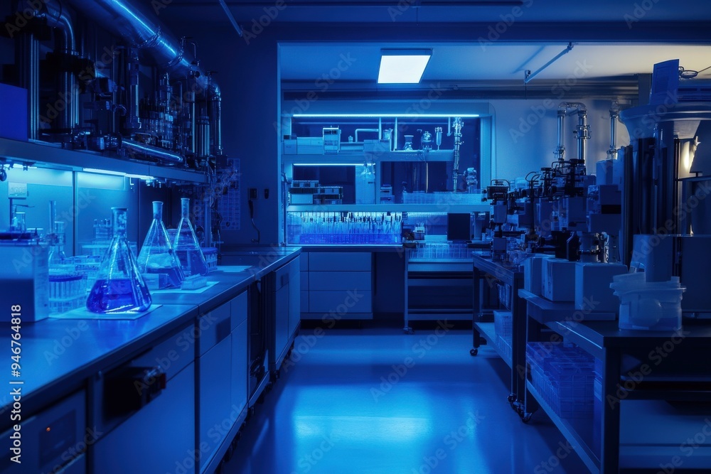 A laboratory with a blue light on the floor, generative ai image A laboratory with a blue light on the floor, generative ai image