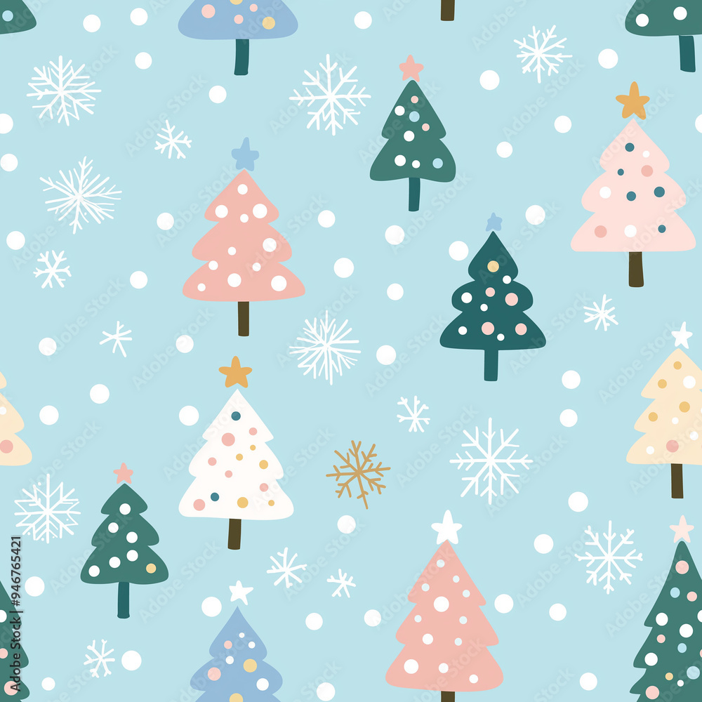Cute, flat design simple christmas tree background. Snowflakes. Blue and pastel colors. Seamless pattern Cute, flat design simple christmas tree background. Snowflakes. Blue and pastel colors. Seamless pattern