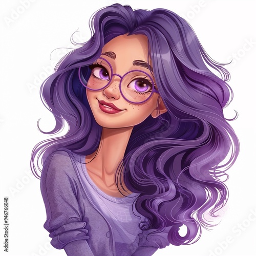 Cute Cartoon Girl with Purple Hair and Glasses in Digital Art Style