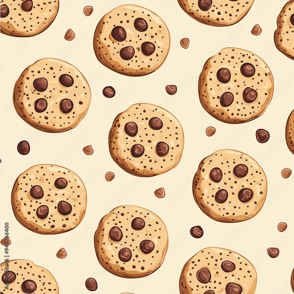 Seamless background with chocolate chip cookies on ivory light brown background Seamless background with chocolate chip cookies on ivory light brown background