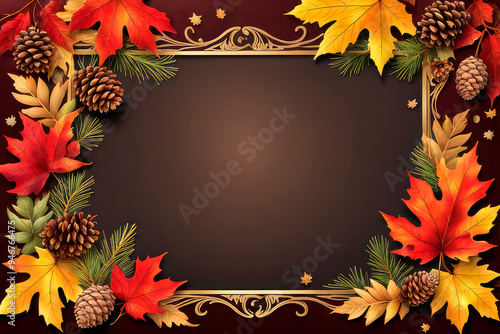 Luxurious autumn frame with autumn leaves, cones and fir branches. Space for text. Autumn design for cards, posters, invitations, banners, flyers